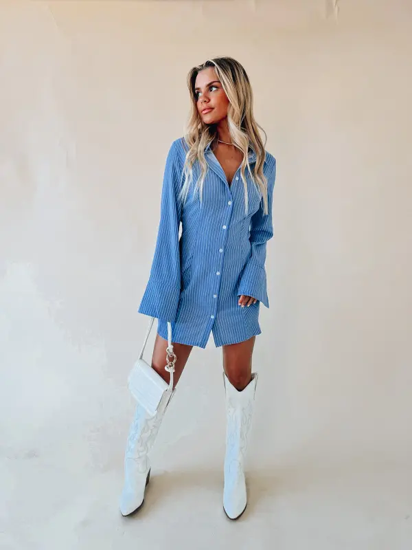 Striped Long Sleeve Mini Shirt Dress
