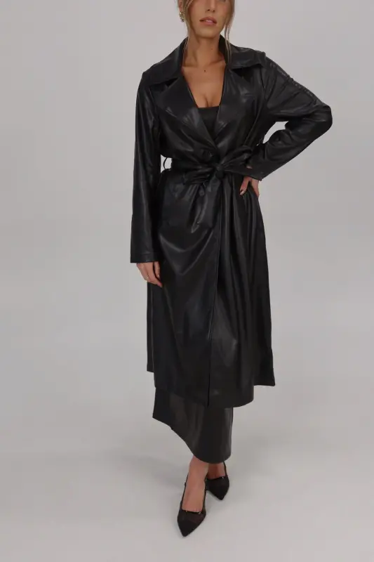 Black Pleather Trench Coat-74538